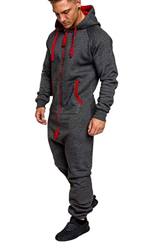 Amaci&Sons Herren Overall Jumpsuit Jogging Onesie Trainingsanzug Camouflage 3004 Anthrazit/Rot L