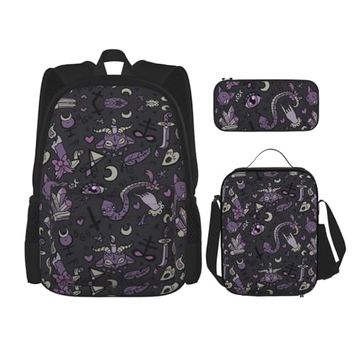 WURTON Violett/Schwarz, Gothic-Druck, verstellbare Schultergurte, Rucksack-Set, Lunchtasche, Federmäppchen, Kombinationstaschen-Set