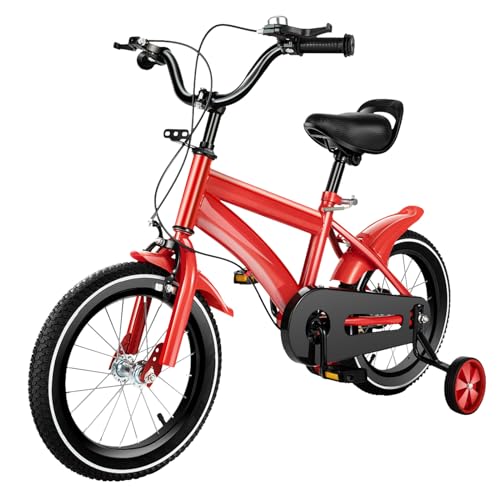 Fridgestea 14 Zoll Kinderfahrrad, Fahrrad Kinderfahrräder Kinder Trainingsfahrräder mit Abnehmbare Stützräder, HöHenverstellbar, Geschenk für Jungen Mädchen ab 3-6 Jahre (Rot)