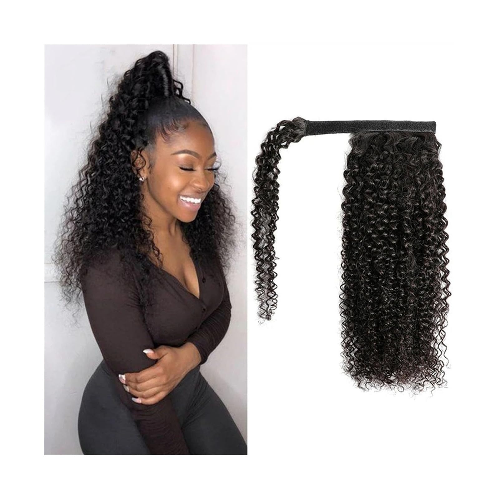 Pferdeschwanz Haarteil Verworrene lockige Pferdeschwanz-Verlängerung, 25,4–61 cm, brasilianisches Echthaar, umwickelbare Pferdeschwanz-Haarteile, for Anklipsen, Afro-gelockte Remy-Haarverlängerung for