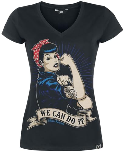 Queen Kerosin Damen Kurzarm T-Shirt Vintage Print We Can Do It V Ausschnitt Slim Fit We Can Do It