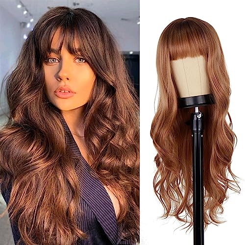 Perücken Braune lange synthetische Perücke for Frauen, natürliche Wellenperücke mit Pony, hitzebeständiges Cosplay-Haar Damenperücke (Color : R2-118-39A)