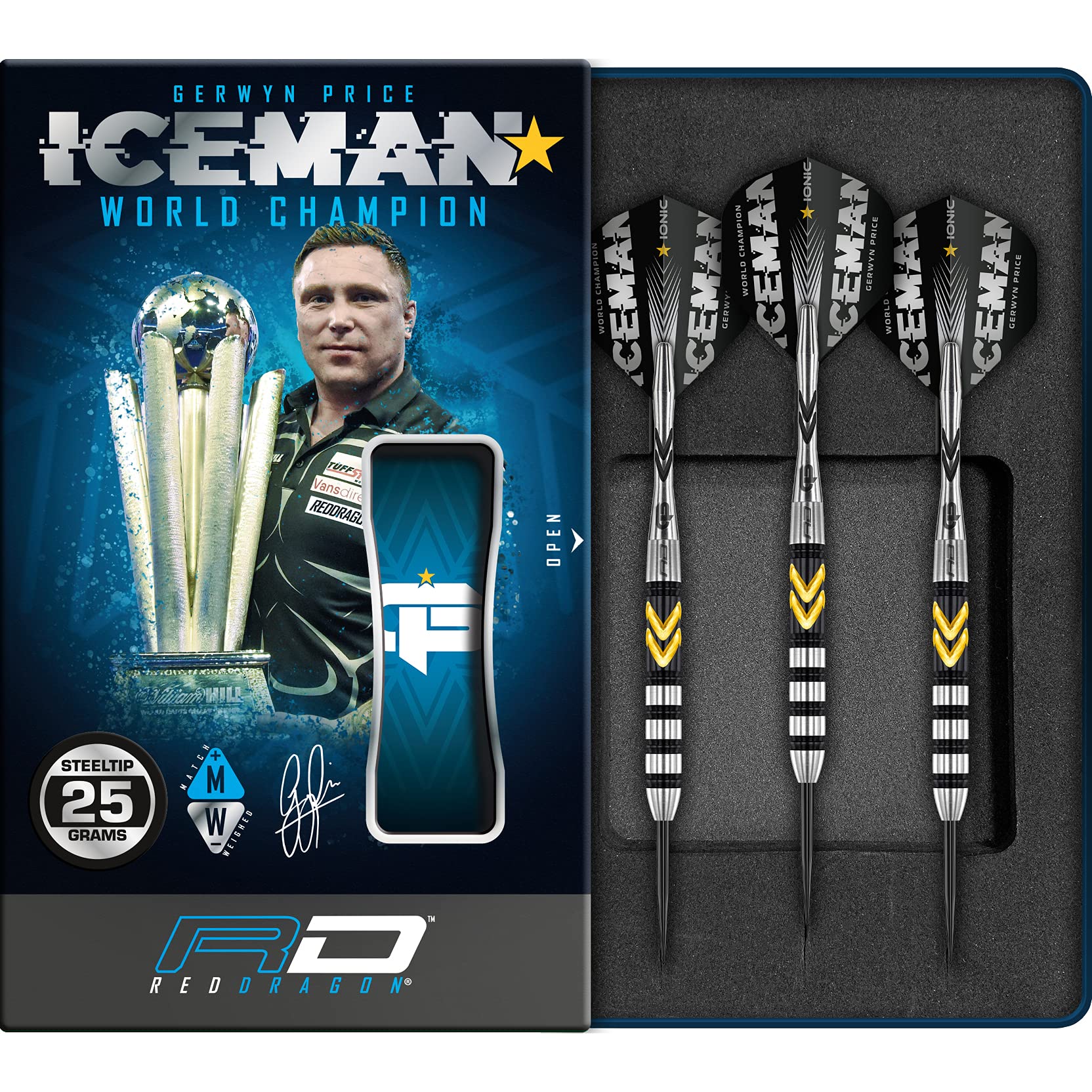 RED DRAGON Gerwyn Price Iceman Thunder Special Edition: 25 Gramm Tungsten Steel Dartpfeile Set mit Flights und Schäfte