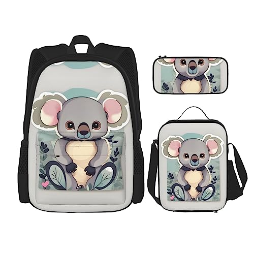 WURTON Lunchbox mit schönem Koala-Druck, Federmäppchen, Rucksack-Set, 3-teilig, verstellbare Riemen, langlebig, leicht, Schwarz, One Size