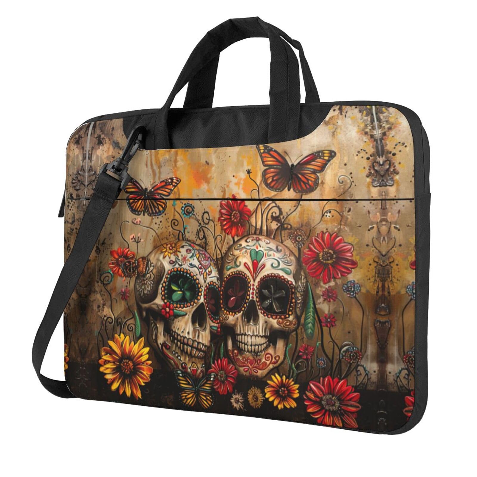 Laptoptasche mit Totenkopf-Motiv, stilvolle Laptoptasche, Kuriertasche für Damen und Herren, Schulter-Laptop-Tasche, Schwarz, 15.6 inch