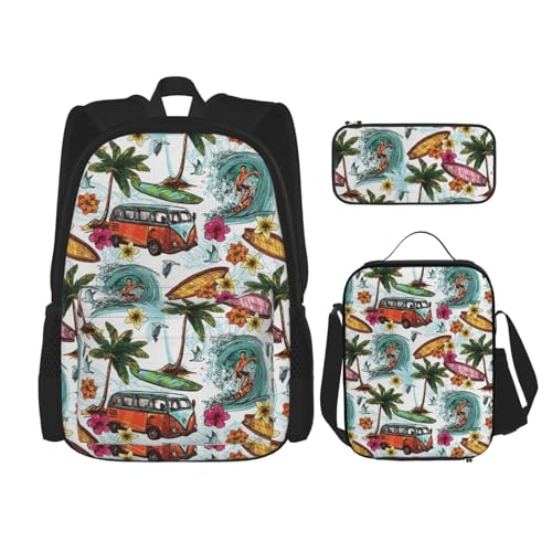 DENMER Mehrzweck-Schultasche mit Hawaii-Surfer auf gewelltem Design, mit passendem Federmäppchen und Lunchtasche, stilvolle All-in-One-Lösung