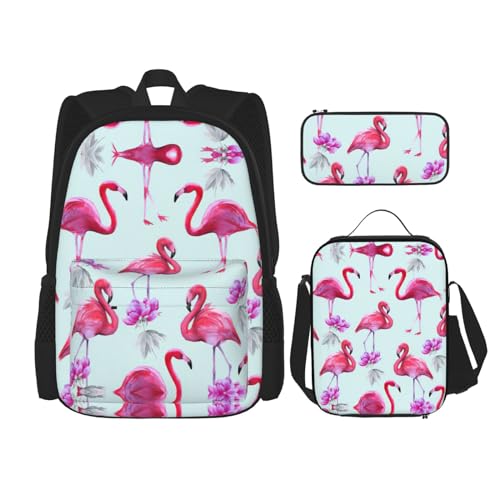 WURTON Schulrucksack-Set mit pinkem Flamingos-Druck, 3-in-1, Büchertasche, Set mit Lunchbox, Federmäppchen, Reise, Laptop, Tagesrucksack