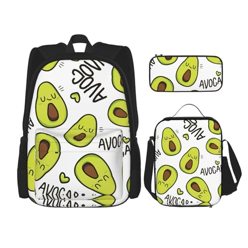 WURTON Rucksack mit Cartoon-Birnen-Druck, 3-in-1-Büchertaschen-Set, Lunchbox, Federmäppchen, Reise-Laptop-Tagesrucksäcke, Schwarz, Einheitsgröße