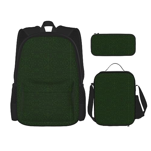 WURTON Hunter 3-in-1 Büchertaschen-Set, verstellbarer Schulter-Rucksack, Lunch-Tasche, Federmäppchen, Tasche, Grün, Schwarz, Einheitsgröße