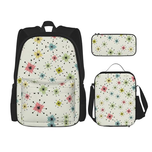 WURTON Atomic Stars Rucksack mit Retro-Muster, für Mädchen, Jungen, Schultaschen, Teenager, Lunchbox und Federmäppchen, 3-in-1-Büchertaschen-Set