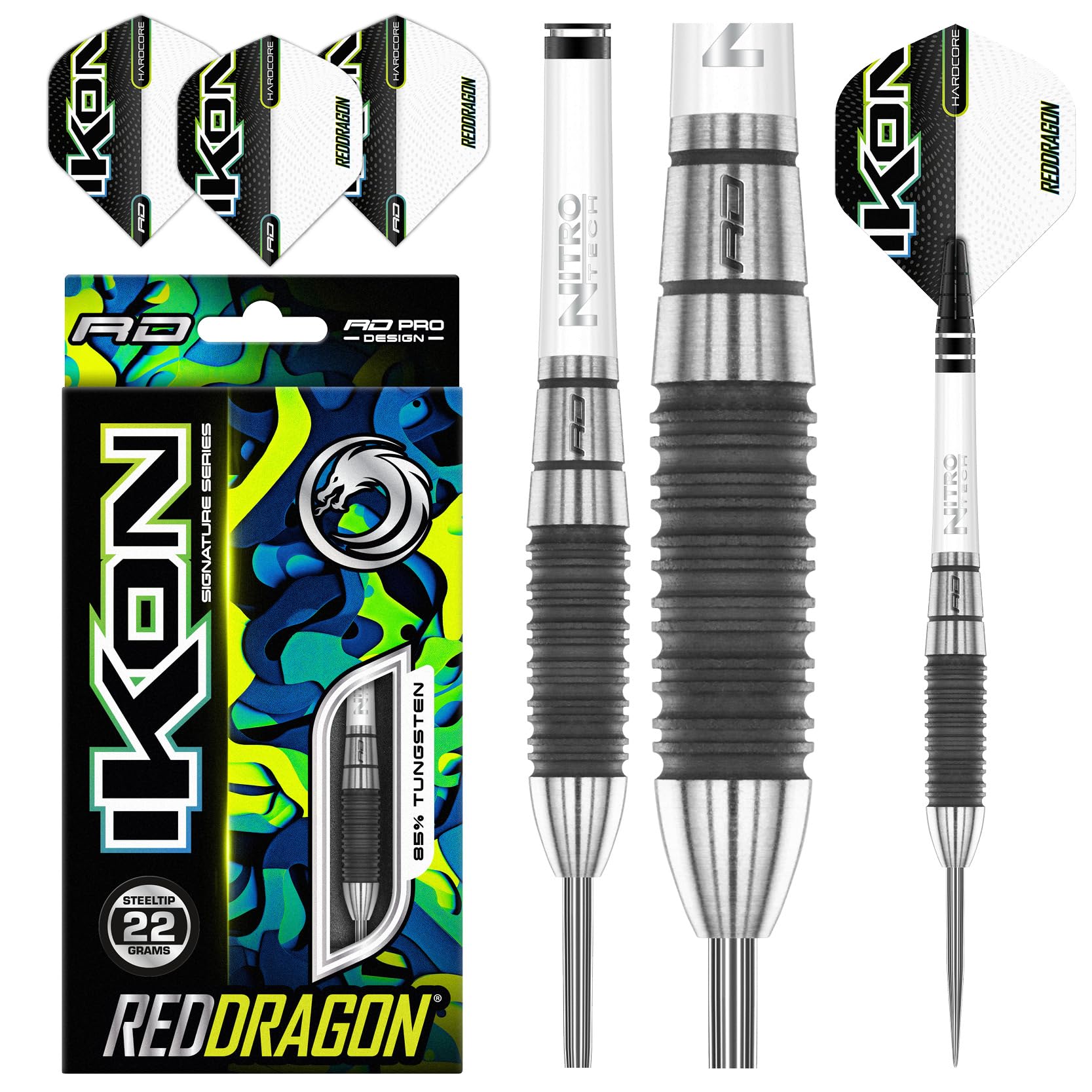 RED DRAGON Ikon 1.2 22 Gramm Professionelles Wolfram Steeltip Dart Set mit Flights und Schäften