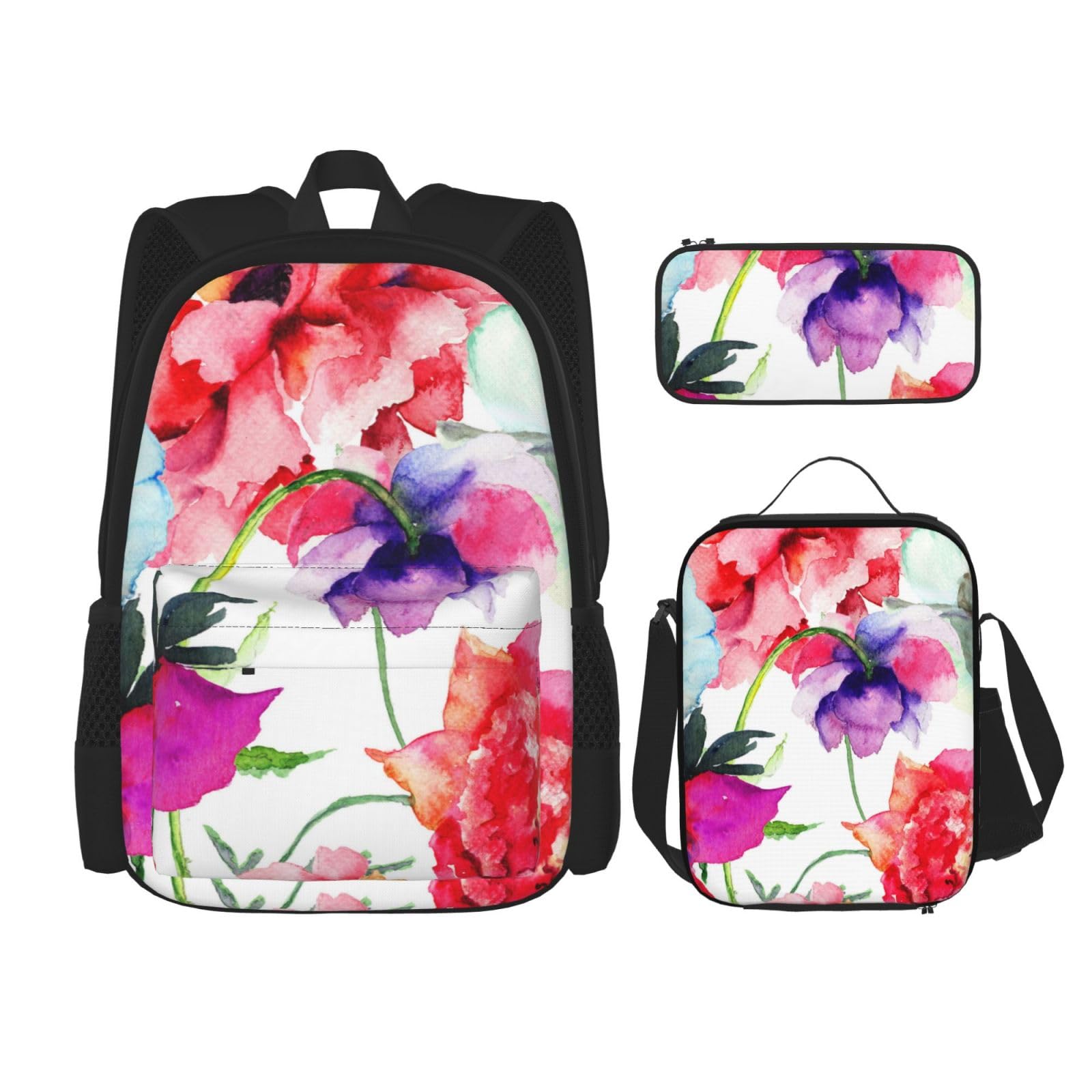 DENMER Mehrzweck-Schulranzen mit Flamingos, mit passendem Federmäppchen und Lunchtasche, stilvolle All-in-One-Lösung, Bunte Blume Pfingstrose, Einheitsgröße