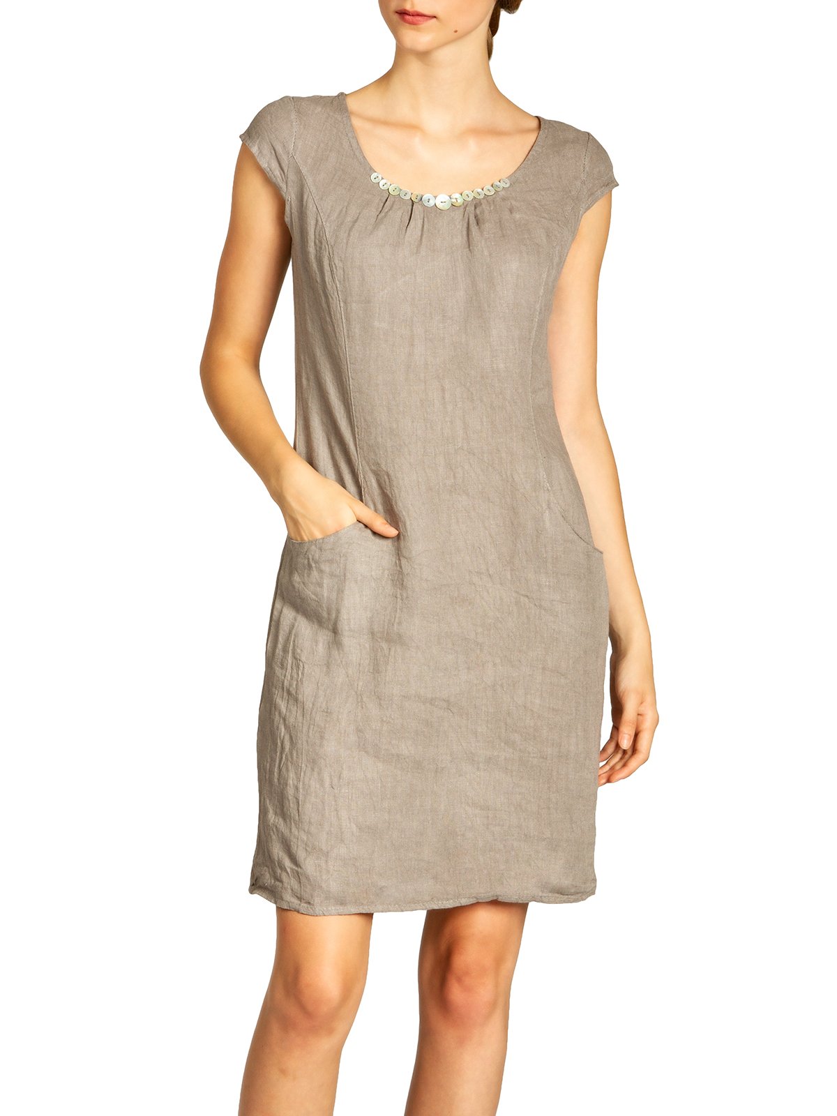 Caspar SKL018 knielanges Damen Sommer Leinenkleid mit Perlmutt Knöpfe Dekor, Farbe:taupe, Größe:3XL - DE46 UK18 IT50 ES48 US16