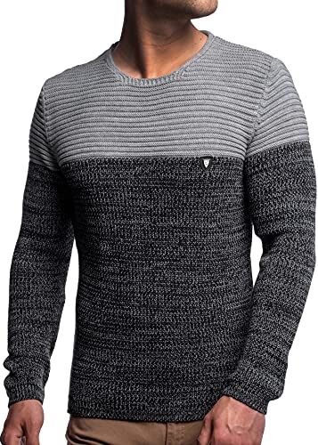 Herren Strick-Pullover Rundhals mit Logopatch | Männer Winter-Pullover |stylischer Herren Strick-Pulli | warmer Männer Pulli Grobstrick| Herren Basic Longsleeve Sweatshirt sweater K-114 Grey-Navy 3XL