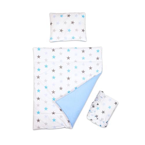 Baby Comfort 3-teiliges Set mit Bettbezug, Kissenbezug und Spannbetttuch für Reisebett 95 x 65 cm (Sterne blau)