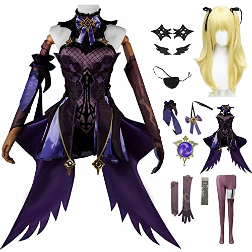 JGZGCG Genshin Impact Fischl Cosplay Kostüm Komplettes Set mit Perücke Genshin Fischl Cosplay Verkleidung Fischl Cosplay Uniform Halloween Karneval Party Bühnenauftritt Kostüm Erwachsene