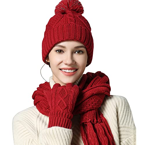 OROOTL Mütze, Schal & Handschuh Sets für Damen Winter, Touchscreen-Handschuhe Bommelmütze Handschuh Gestrickt Beanie Schnee Hut Warme Winterset 3 IN 1 für Mädchen, Frauen