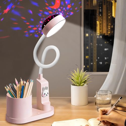 Aicharynic Schreibtischlampe Kinder, LED Nachttischlampe Kinder mit Stifthalter LED Tischlampe Dimmbar Himmel Tischlampe Wiederaufladbare 360° Verstellbar Schwanenhals Leselicht mit Stern Projektion