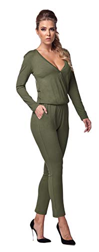 Lemoniade stylischer Jumpsuit Made in EU mit V-Ausschnitt und raffinierten Details, Khaki Langarm, Gr. L (38/40)