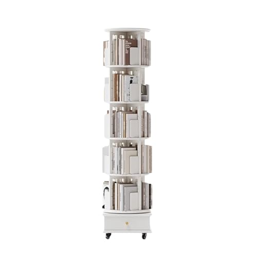 SLOKFV5 Regal Drehbares Bücherregal aus massivem Gummiholz, 360°-Display, mobiles Bücherregal mit Schublade und Rädern, drehbarer Bücherregalturm für das Heimbüro Standregal Bookshelf