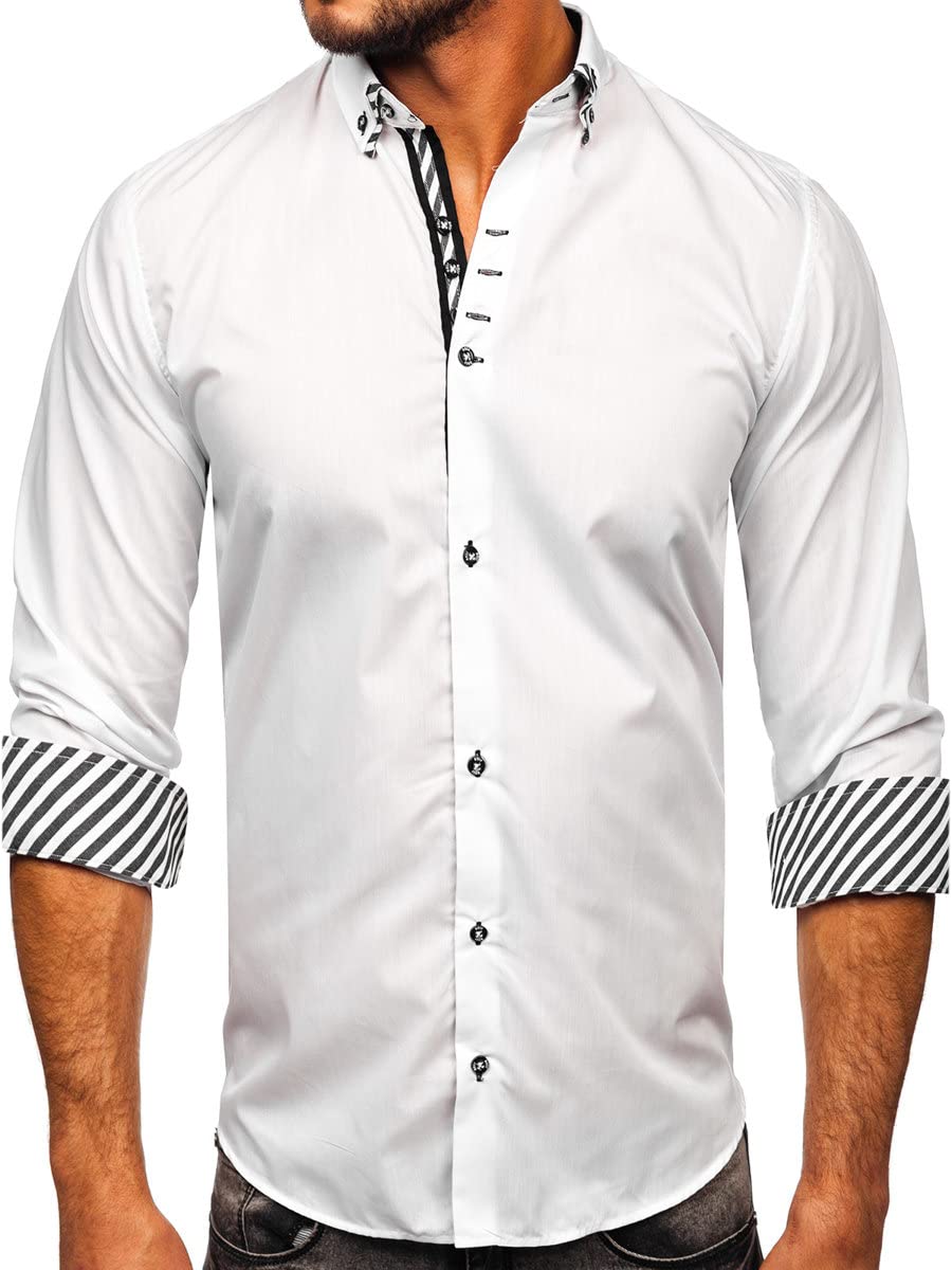 BOLF Herren Hemd Langarm Freizeithemd Langarmhemd Elegant Business Party Bügelleicht Farbwahl Classic Basic Slim Fit Casual Style 3762 Weiss XL [2B2]