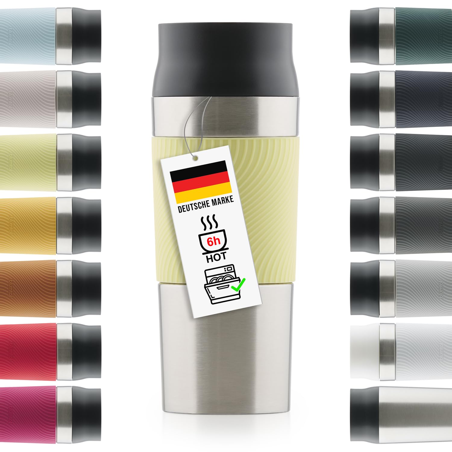 Blumtal Thermobecher 500 ml - Kaffeebecher to go aus Edelstahl - auslaufsicherer Isolierbecher kalt/heiß - Mug mit 360° Trinköffnung - Thermosbecher mit Quick-Press-Verschluss - Coffee Mug - Hellgelb