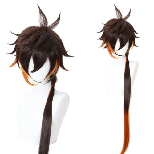 Anime cosplay perücke Anime Coser Anime Spiel Cosplay Perücke for Genshin Impact Zhongli langes braunes orangefarbenes Pferdeschwanzhaar Modellierparty Verkleidungsperücke hitzebeständiges