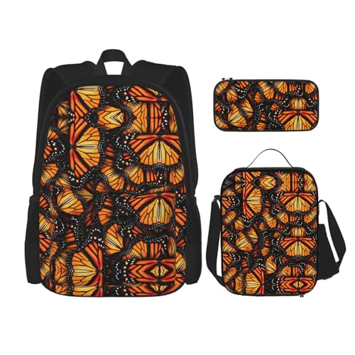 WURTON Heaps Of Orange Rucksack mit Monarch-Schmetterling-Druck, Schultasche mit Lunchtasche, Federmäppchen, Kombinations-Schultaschen-Set