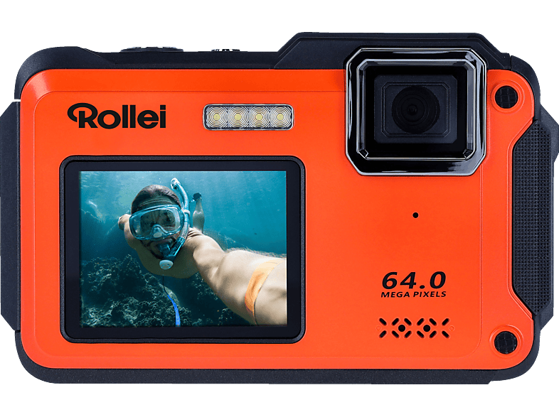 ROLLEI Sportsline 64 Selfie Unterwasserkamera Orange, k.A. opt. Zoom, 2.8 cm Rückseite, 2 Vorderseite