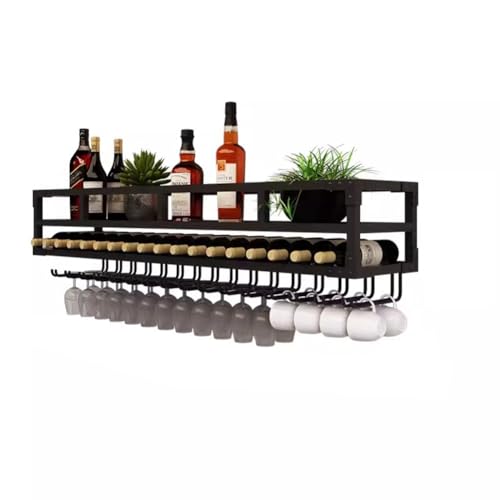 Hängende industrielle runde Weinregale, LED-Weinregal zur Wandmontage, moderner hängender Weinflaschen- und Glashalter aus Metall for die Dekoration von Zuhause, Küche, Bar und Restaurant(Black,80x25x