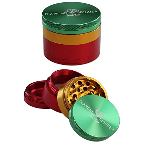 Black Leaf Aluminium-Grinder Diamond groß 4-teilig Ø 56 mm | hochwertiger Aluminium Crusher mit Pollenkammer | Premium Grinder Rasta | inkl. Schaber