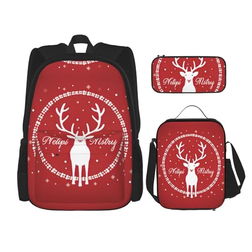 WURTON Weihnachten Hirsch Druck Reise Lunchbox Federmäppchen Rucksack Set 3 Stück Verstellbare Träger Leicht, Schwarz, Einheitsgröße