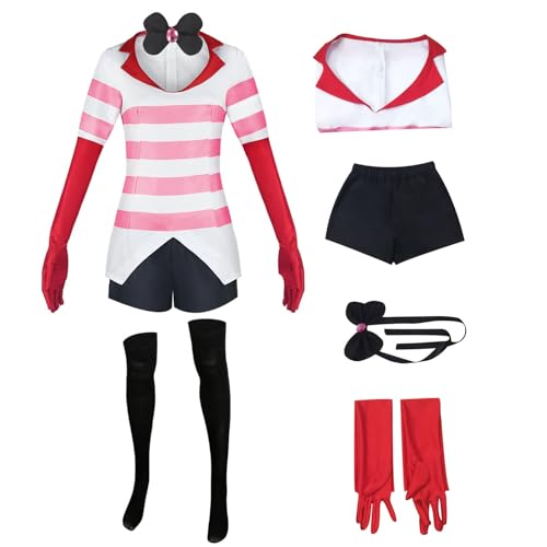 AYYOHON Angel Dust Cosplay-Kostüm, Winkel, staubrosa, gestreift, Hemd, Kleid, Strumpf, Handschuhe, Outfits für Damen, Halloweenanzug, Größe L