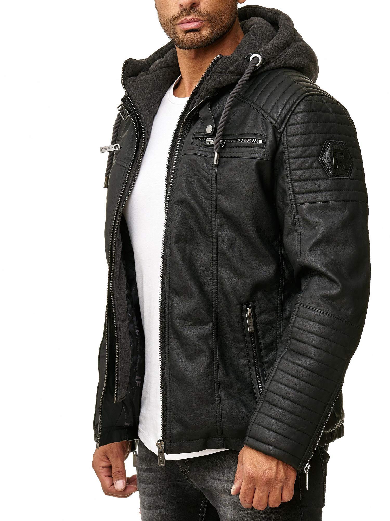 Red Bridge Herren Kunst- Lederjacke Kunstleder Bikerjacke mit Sweat- Kapuze 2in1, Schwarz - Kunstleder, S