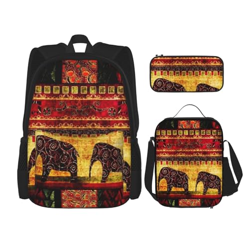 DENMER Mehrzweck-Schultasche mit Marmorstruktur, mit passendem Federmäppchen und Lunchtasche, stilvolle All-in-One-Lösung, Afrikanischer Elefant Patchwork, Einheitsgröße