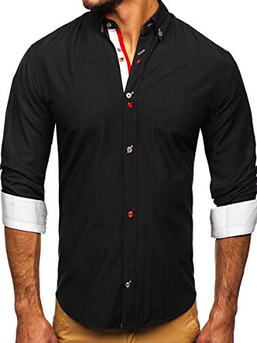 BOLF Herren Hemd Langarm Elegant Business-Shirt Freizeithemd Button Down Bügelleicht Farbwahl Unifarben Einfarbig Basic Casual 20710 Schwarz XL [2B2]