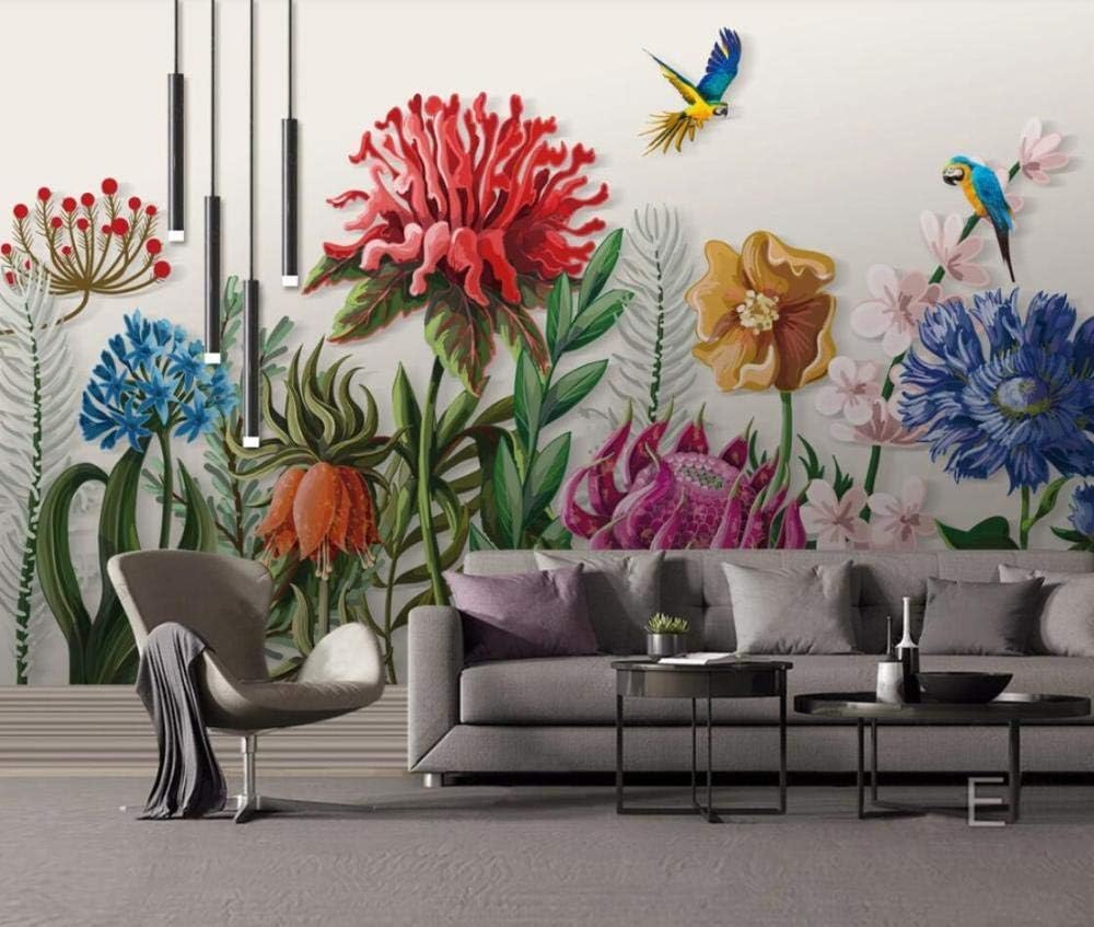 Regenwald-Pflanzen Blaue Blumen Rote Blumen Papageien 3D Tapete Poster Restaurant Schlafzimmer Wohnzimmer Sofa TV Dekorative Wand-430cm×300cm