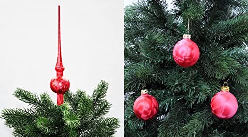 JACK by Thüringer Glas Eislack Christbaumspitze 28cm + 12x Christbaumkugeln 6cm Spitze Weihnachtskugel Set, Farbe:Rot Eislack