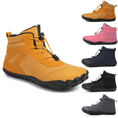 OTEB Barfußschuhe for den Winter, Unisex-Barfußschuhe mit hohem Schaft, warme Schneeschuhe, Schneestiefel mit Absatz und Schnürsneakers for Wandern(Yellow,42 EU)