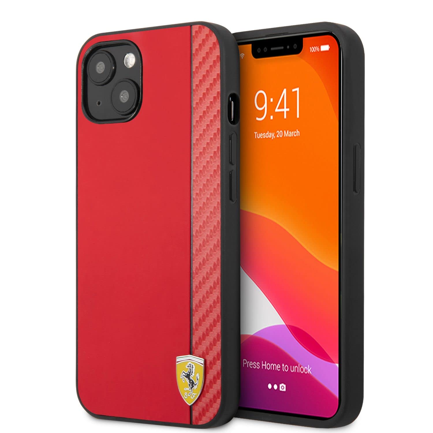 Ferrari Schutzhülle für iPhone 13 in Rot - Leder Case On Track Kollektion mit Streifen