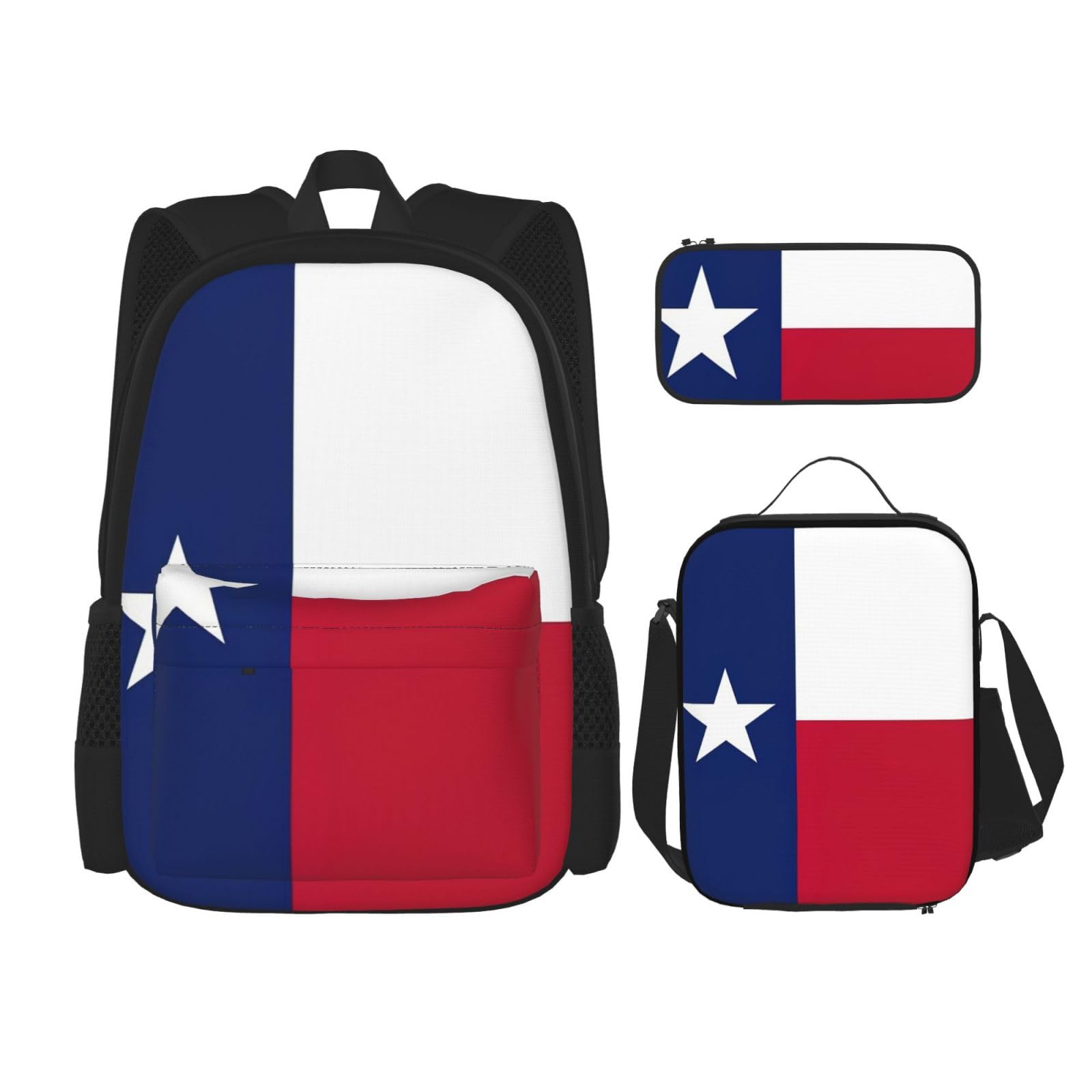 WURTON Texas State Flag Print Travel Lunch Box Pencil Case Backpack Set 3 Pieces Adjustable Straps Lightweight, Schwarz, Einheitsgröße