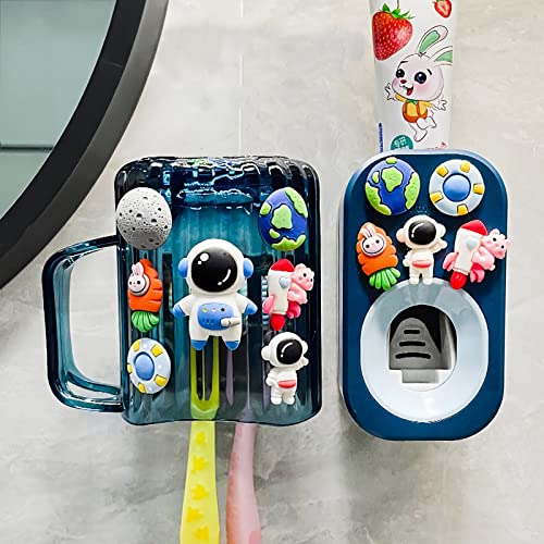Automatischer Zahnpastaspender und Zahnpasta-Halter und Wandbecher, 3-teiliges Set, zur Wandmontage für Badezimmer, Zahnpasta-Quetscher für Kinder- und Familiendusche (marineblaues Set)