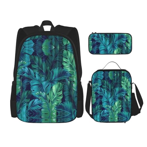 WURTON Lunchbox mit tropischen Palmenblättern, Federmäppchen, Rucksack-Set, 3-teilig, verstellbare Riemen, langlebig, leicht, Schwarz, One Size