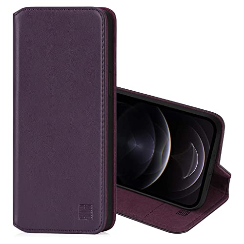 32nd Klassische Series 2.0 - Lederhülle Case Cover für Apple iPhone 12 Pro Max (6.7"), Echtleder Hülle Entwurf gemacht Mit Kartensteckplatz, Magnetisch und Standfuß - Aubergine