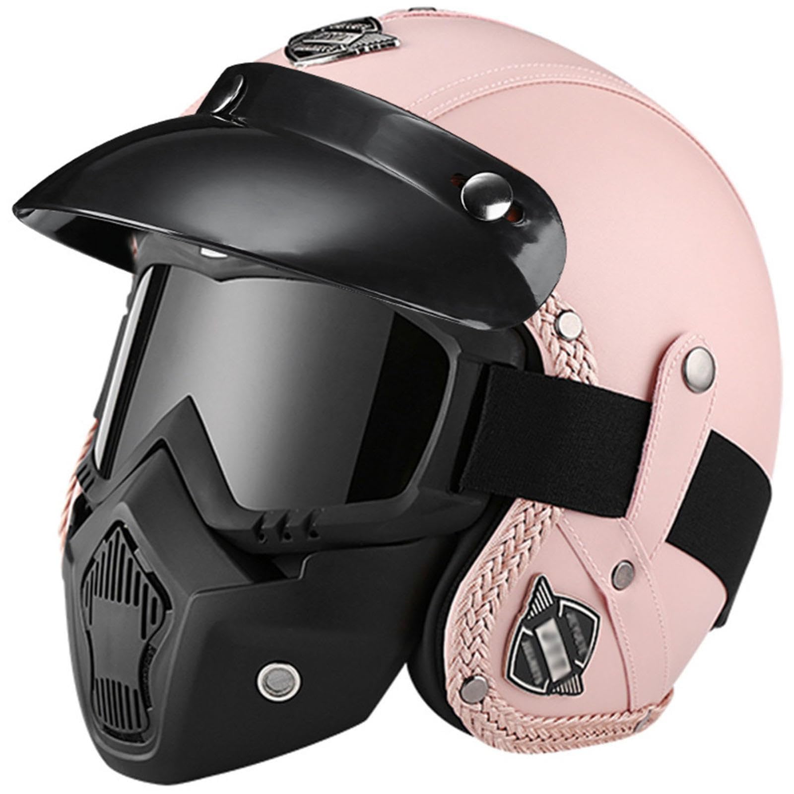 EBAYIN Jethelm, Motorradhelm, Jethelm, 3/4-Helm, Vintage-Pilot-Halbhelm, Herren-Damen, geeignet, DOT, ECE-zugelassen, Moped-Helm, Cruiser, Chopper, Roller-Helm,Pink-S=(55~56cm)