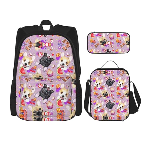 WURTON Schulterrucksack, französische kleine Bulldogge, 3-in-1, Büchertaschen-Set, Lunchbox, Federmäppchen, Reise-Laptop-Tagesrucksäcke, Schwarz, Einheitsgröße