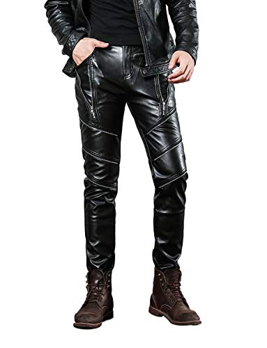 Idopy Herren Slim Fit Soft PU Faux Leder Biker Hose Trachtenlederhose Trachtenlederhose Lederhosen, Schwarz, W34(Taille 84cm)