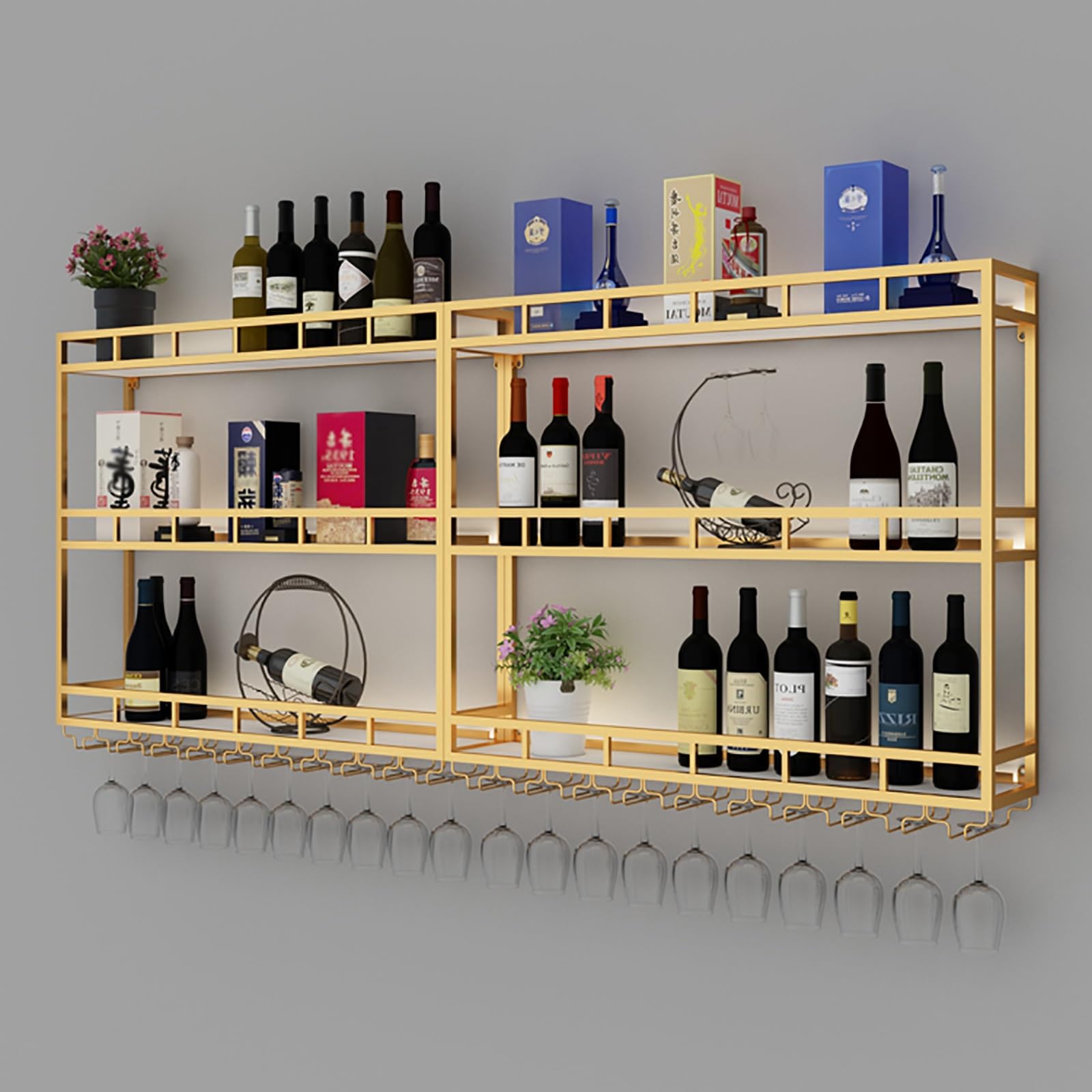 Weinregal mit großem Fassungsvermögen, Wandmontage, Weinflaschen-Glashalter, industrielle Bar, schwebende Wandregale mit LED-Lichtern, Likörflaschen-Ausstellungsregal, moderne