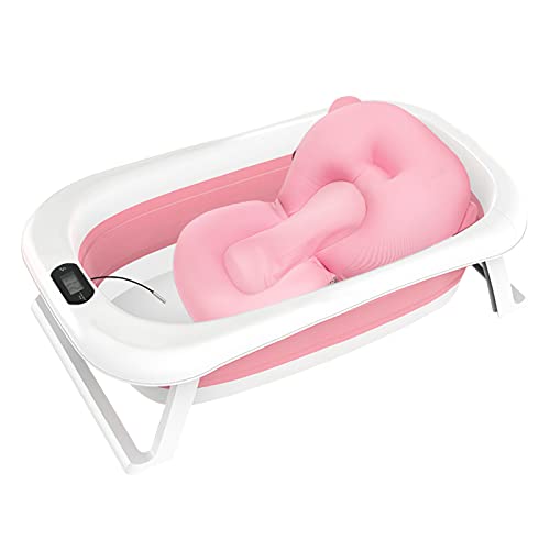 Babybadewanne, Faltbar Kinderbadewanne mit Gestell Hängende Matratze Thermometer|PP|Rosa