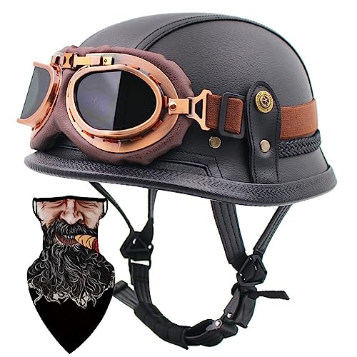 Deutsch Leder Motorrad Halbhelme Retro Halbschalenhelm Jethelm Mit Reitvisier ECE-Zulassung Motorradhelm Offenem Helm Mit Persönlichkeit Brille Schnellverschluss-Schnalle Unisex